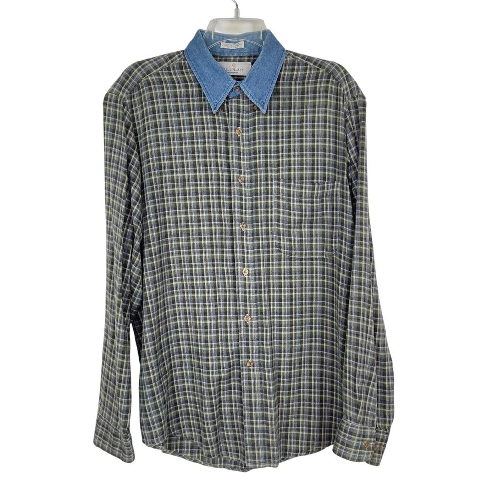 Bill Blass Denim Collar Plaid Flannel Casual Button Down Shirt Cotton Men's L